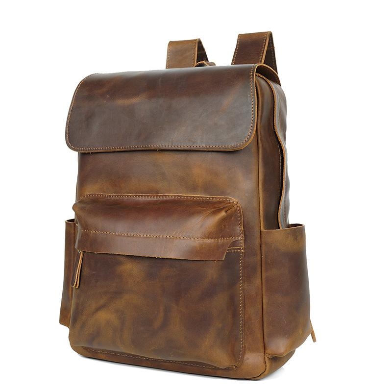 Bolsos de mochila con solapa retro de cuero de grano completo de café para viajes