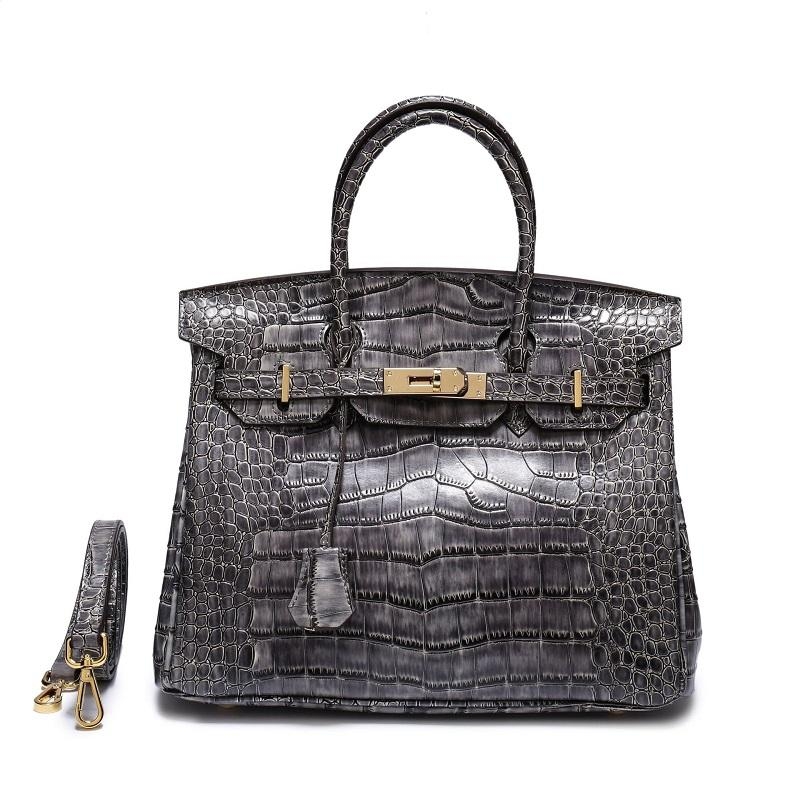 Bolsos de cuero con relieve de cocodrilo negro Bolso satchel con cierre de metal