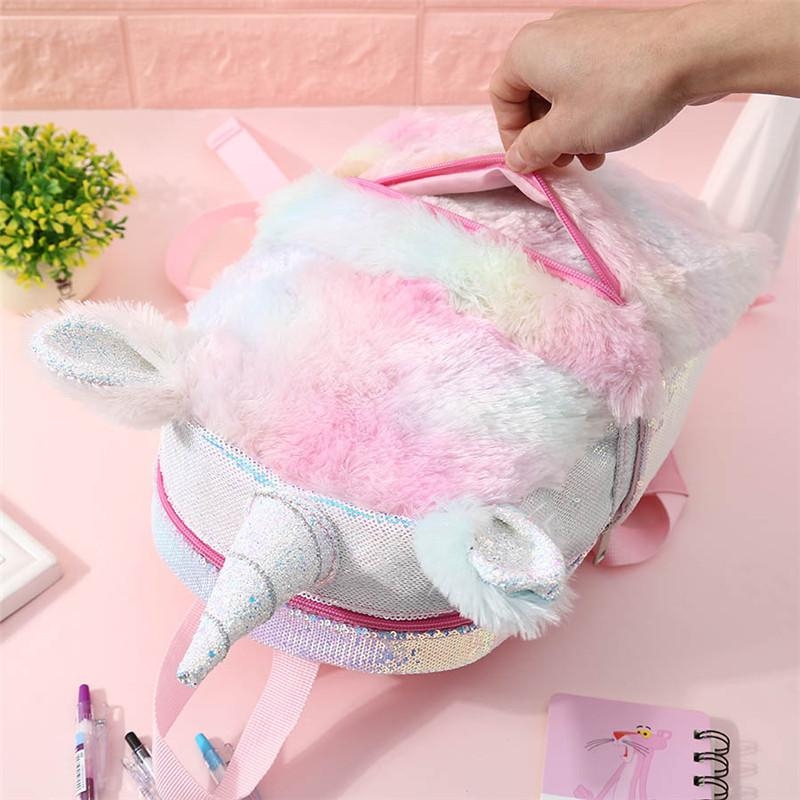 Mochila de unicornio con lentejuelas de arcoíris suave y peluda, mochilas  escolares para niñas