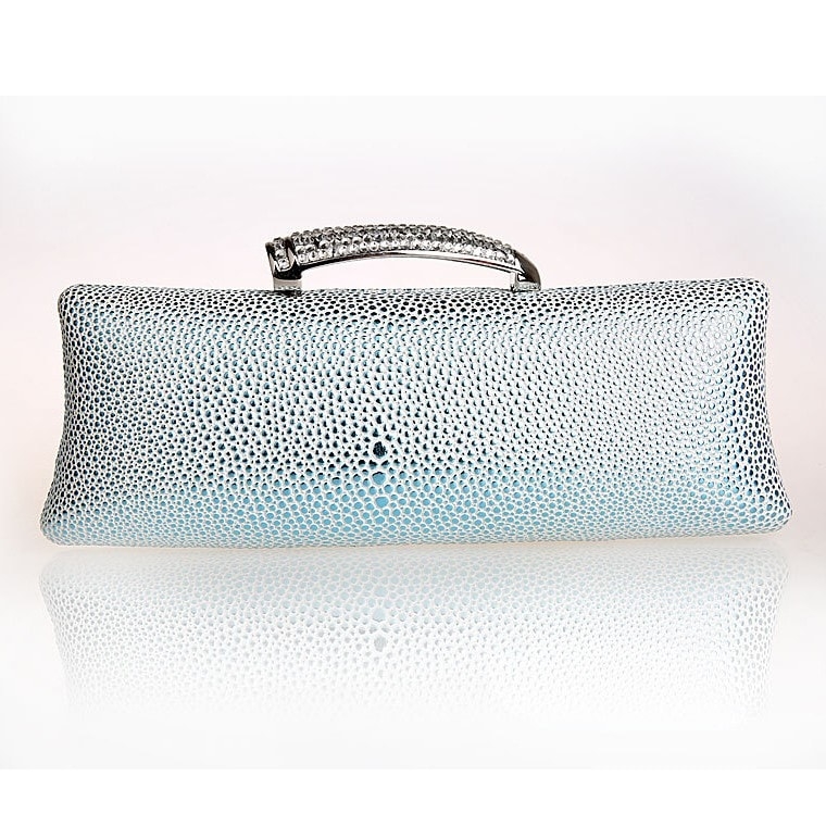 Bolso de mano de moda con diamantes de imitación azul claro con diseño de lichi