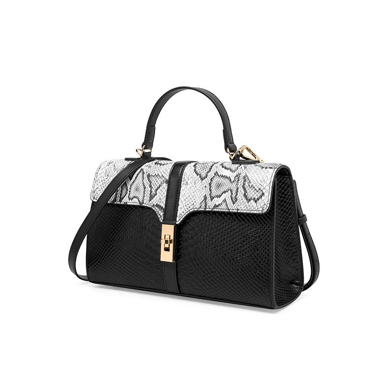 Women's Black and White Python Printed Flap Boston Handbag