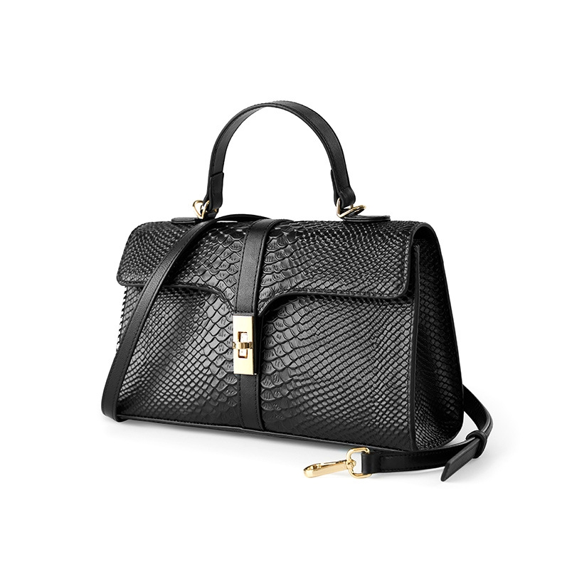 Women's Black Python Printed Flap Boston Handbag