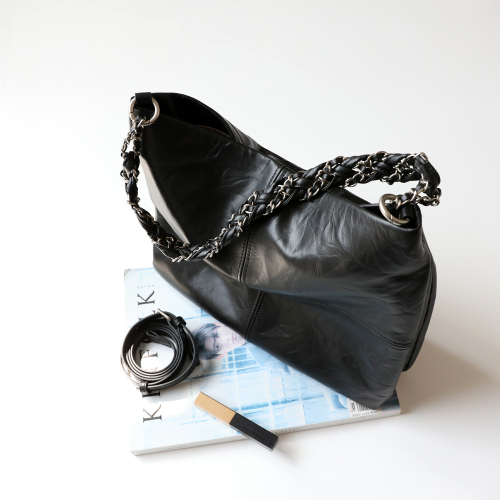 Black Genuine Leather Big Totes Shoulder Bag with Chain Strap
