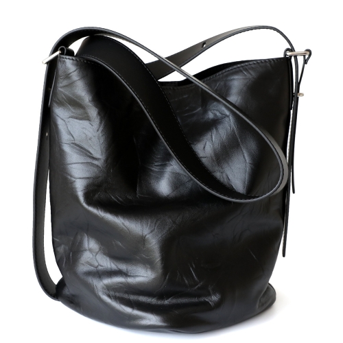 Black Genuine Leather Bucket Bag Wide Strap Retro Plisse Bags