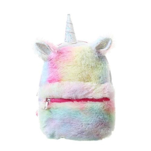 Mochila de unicornio con lentejuelas de arcoíris suave y peluda, mochilas escolares para niñas