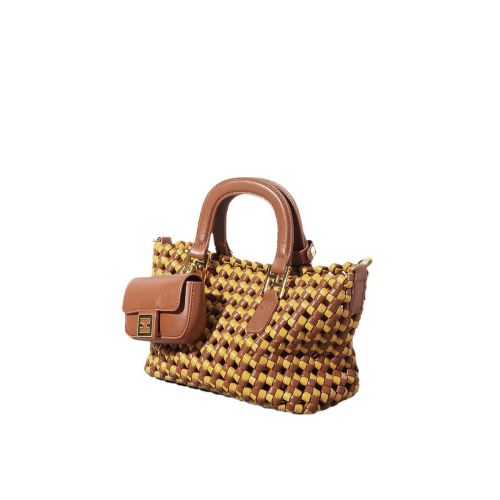 Yellow&Brown Woven Leather Top Handle Basket Handbags With Small Coin Purse