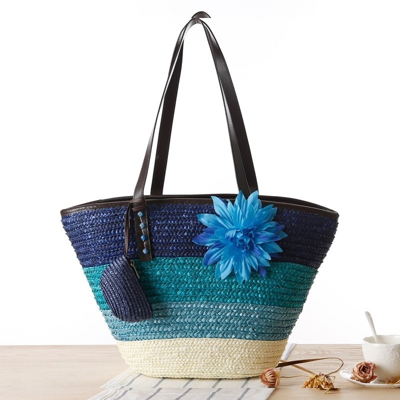 Bolsa de playa con flores azules, bolsa de de rayas anchas para viajar | Baginning